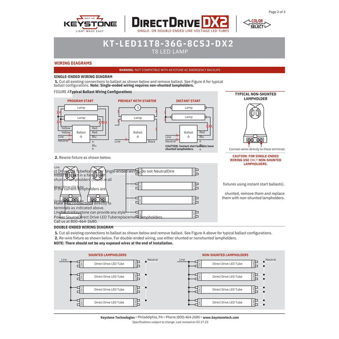 Keystone KT-LED11T8-36G-8CSJ-DX2 (25 Pack) Direct Drive Color Select LED Tubes - 11W, 120/277V, 3' -  LeanLight