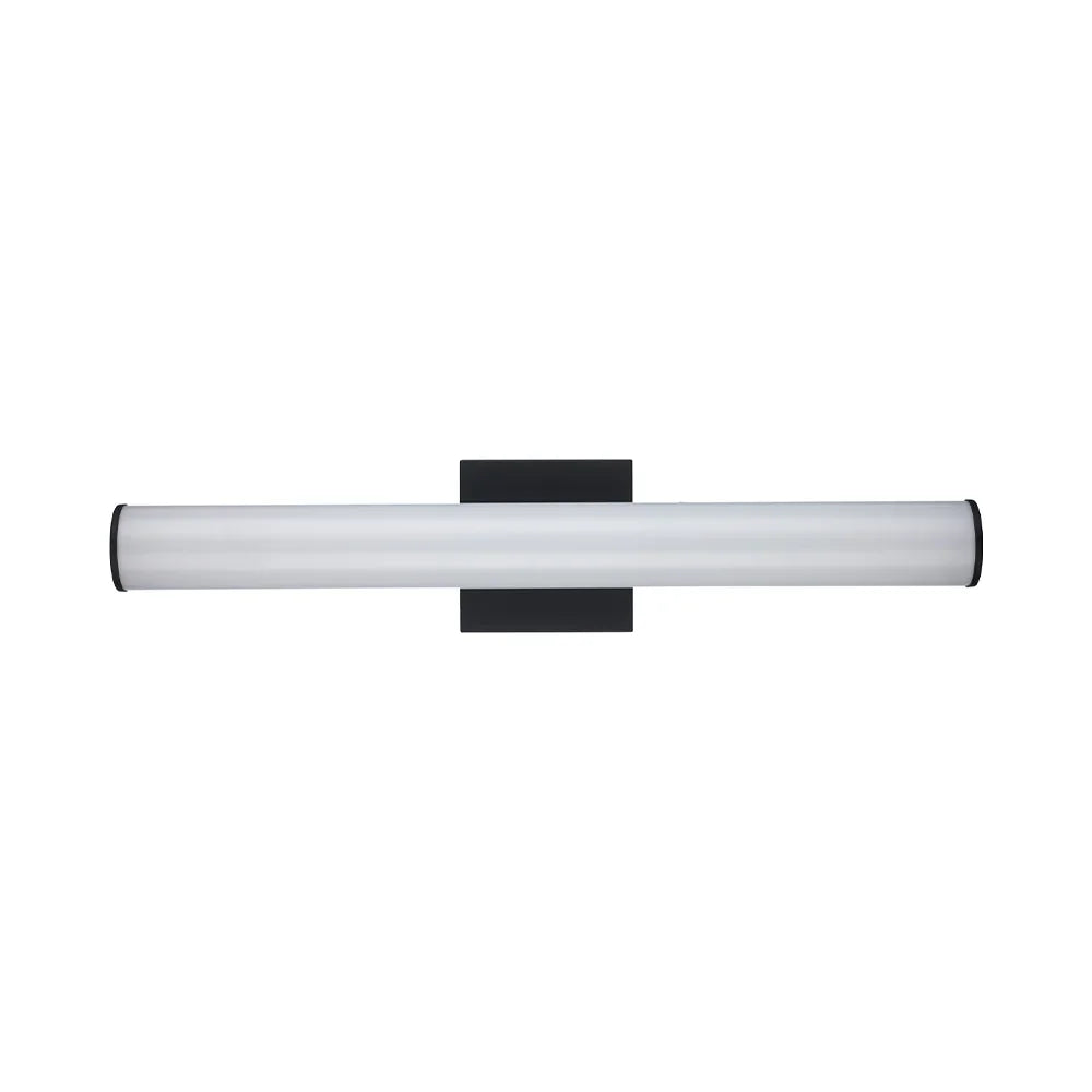 Modern black LED vanity wall light with cylindrical frosted diffuser on white background