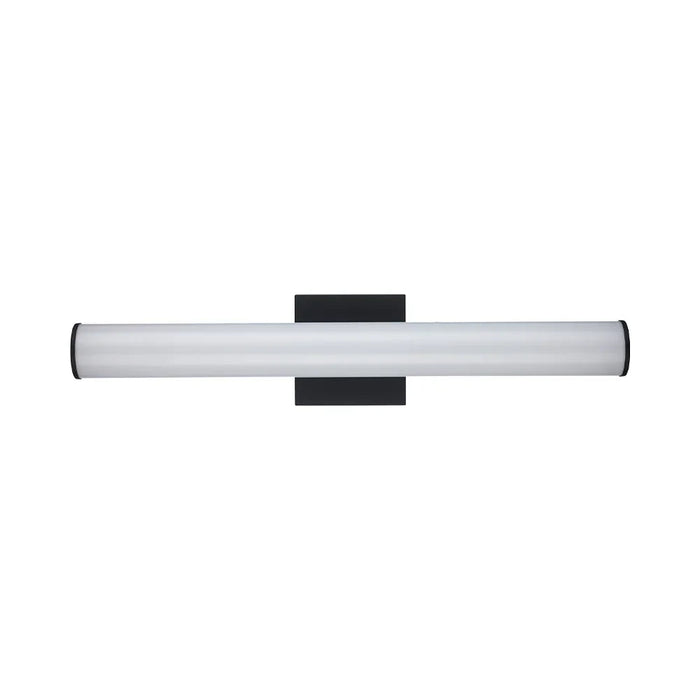 Modern black LED vanity wall light with cylindrical frosted diffuser on white background