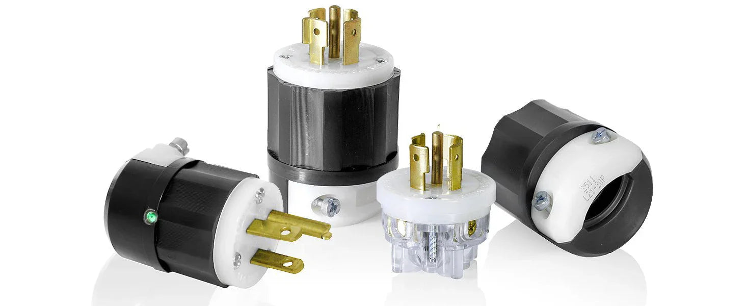 Leviton industrial grade locking plugs and connectors on white background