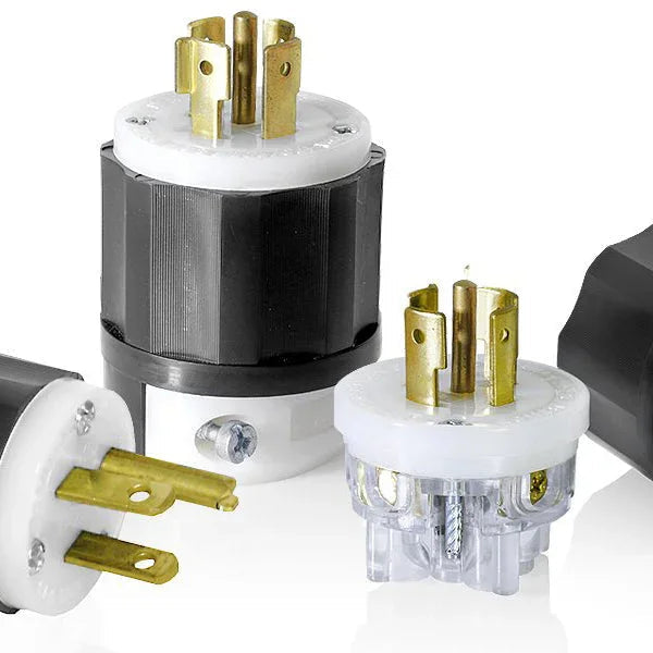 Leviton industrial grade locking plugs and connectors on white background