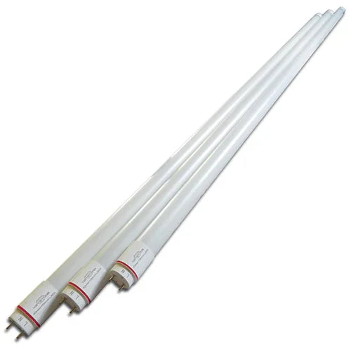 Three white T5 fluorescent light tubes with bi-pin bases on a white background