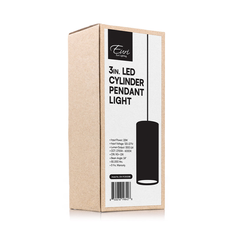 Euri Residential LED 22W 3in. Cylinder Pendant Light 5-CCT Selectable Black