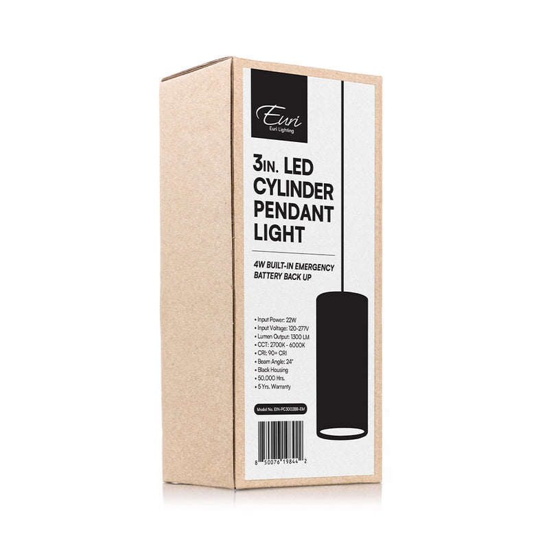 Euri 22W LED Cylinder Pendant Light with Emergency Battery Back Up Black