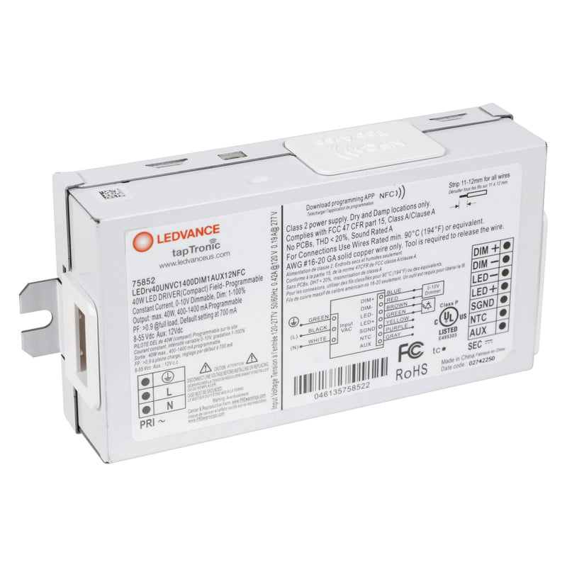 LEDVANCE 40W tapTronic NFC Compact F-Style LED Driver, Constant Current, Field Programmable, 120V, Indoor, Dimmable, Damp Rated - 1 Pack (75852)-LeanLight
