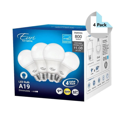Euri Lighting EA19-6000e-4 (4 Pack) Dimmable LED Light Bulbs - 3000K, 9W=60W, 120V-LeanLight