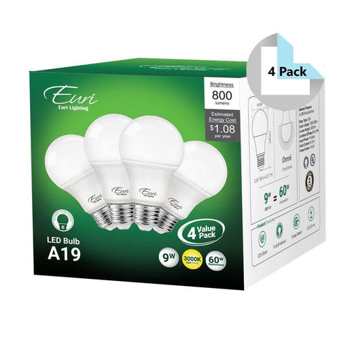 EA19-6100-4 (4 Pack) | Warm White A19 LED Bulbs with E26 Base - 3000K, 9W=60W, 120V-LeanLight