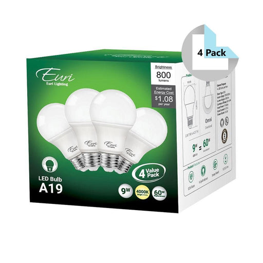 EA19-6140-4 (4 Pack) | Bright White A19 LED Bulbs with E26 Base - 4000K, 9W=60W, 120V-LeanLight