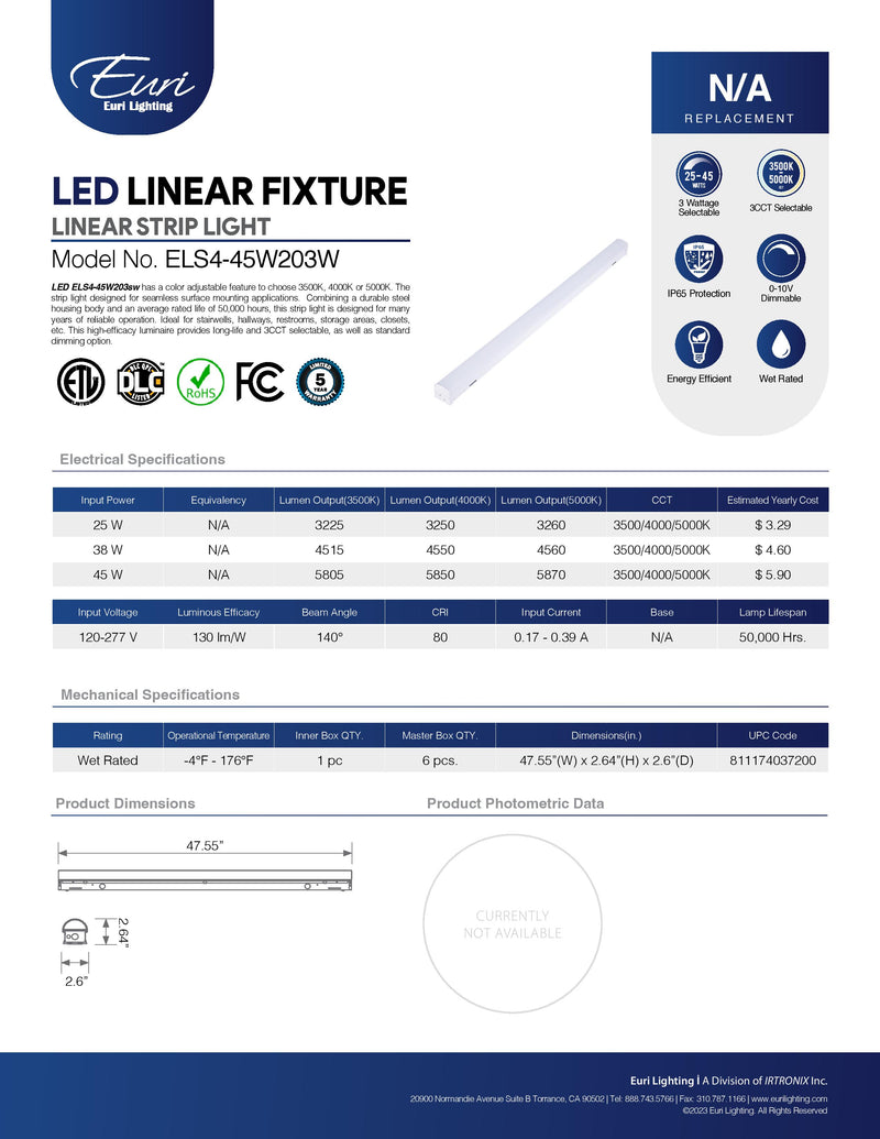 Euri Lighting ELS4-45W103sw 4FT Dual Selectable LED Linear Strip Fixture - 34W-54W, 3500K-5000K-LeanLight