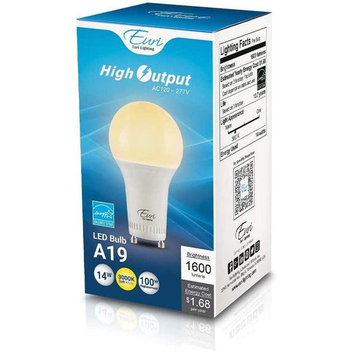Euri Lighting EA19-14W1100eGV LED A19 Bulb with GU24 Base - 3000K, 14W=100W, 120/277V-LeanLight
