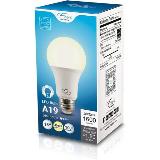 Euri Lighting EA19-15W2040e Dimmable A19 LED Bulb with Medium Base - 4000K, 15W=100W, 120V -  LeanLight