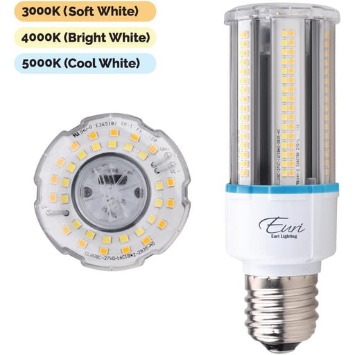 Euri Lighting ECB27W-303sw, LED Corn Bulb, CCT (3/4/5K) & Wattage Tunable (12/18/27W), AC100~277V, Step Dimming, IP64, Fully Enclosed Rated, DLC 5.1, UL, One Count 
