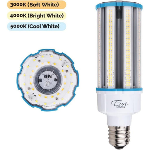 Euri Lighting ECB63W-303sw, LED Corn Bulb, CCT (3K, 4K, 5K) & Wattage Tunable (63W, 54W, 36W), 135-150LM/W, 100~277VAC, Step Dimming, IP64, Fully Enclosed Rated, DLC 5.1, UL, White-LeanLight