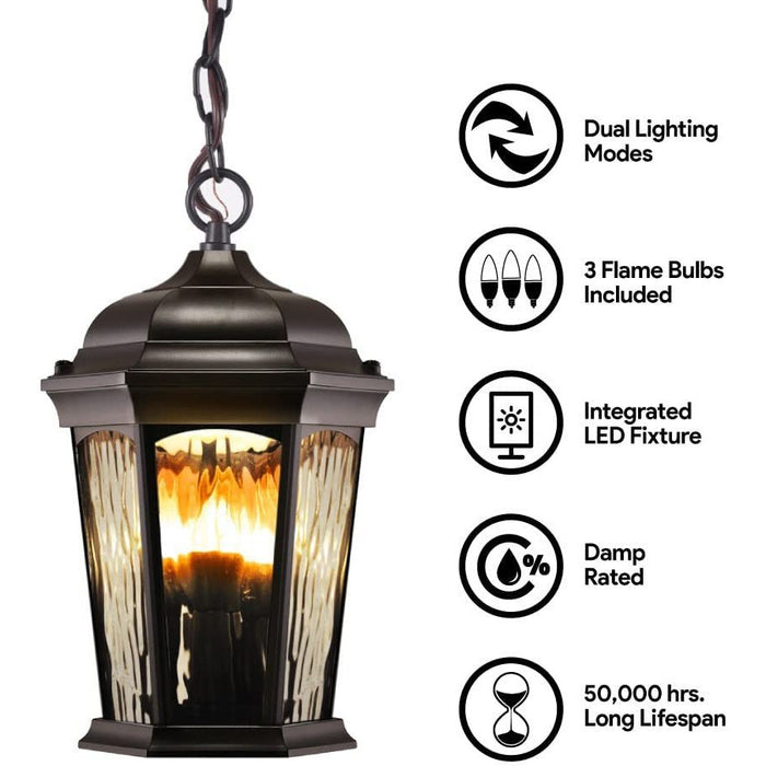 Euri Lighting EHL-130W-MD, Flickering Flame Hanging Lantern with Security Light (3000K) -  LeanLight