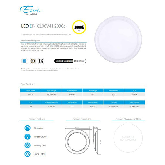 Euri Lighting EIN-CL06WH-2030e 7" Round LED Ceiling Light with White Bezel 3000K