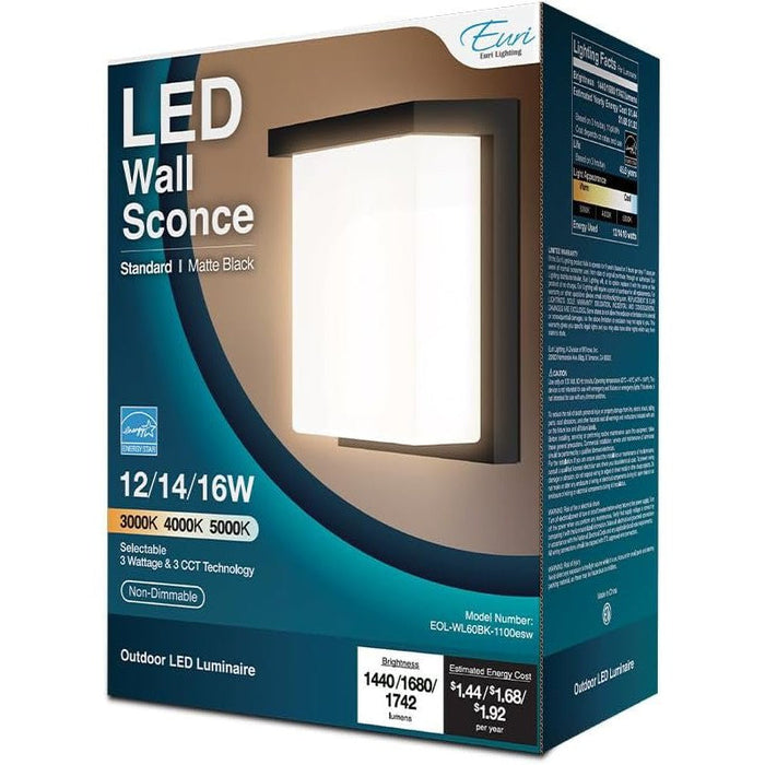 Euri Lighting EOL-WL60BK-1100esw, Outdoor LED Wall Light, Non-Dimmable, 3CCT Selectable (3K/4K/5K), 12/14/16W, 1440/1680/1742 lm, Matte Black, Wet Rated, Integrated LED Fixture (Pack of 1)-LeanLight