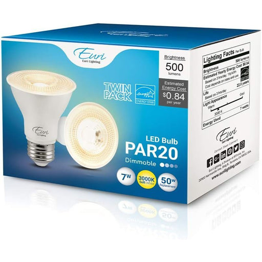 Euri Lighting EP20-7W6000e-2 (2 Pack) Dimmable LED PAR20 Bulb with Medium Base - 3000K, 7W=50W, 120V 
