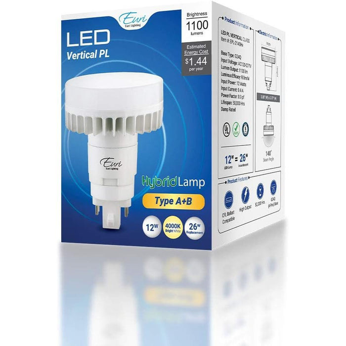 Euri Lighting EPL-2140Hv Non-Dim Hybrid (A+B) LED Vertical PL, G24Q, 12W (26W Equal) 1100lm, Bright White (4000K), 80 CRI, AC120-277V, 140° Angle, Damp Rated, UL, 5YR 50K HR WTY, One Count -  LeanLight
