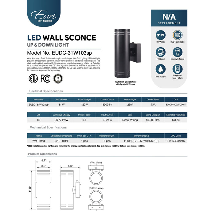 Euri Lighting EUDC-31W103sp Up/Down Cylinder LED Wall Light - 3000K-5000K, 31W, 120V-LeanLight