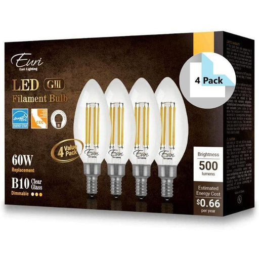 Euri Lighting VB10-3000cec-4 (4 Pack) Dimmable LED Filaments Fan Bulb - B10, E12, 3000K, 5.5W, 120V-LeanLight