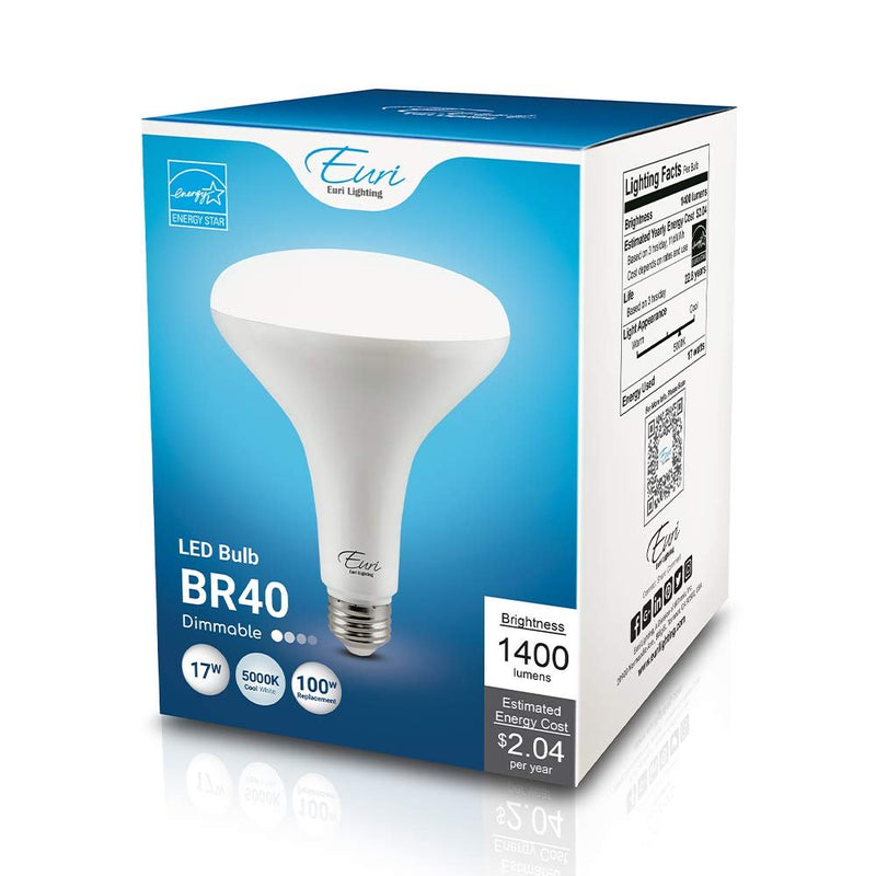 Euri Lighting LED BR40, 17W (100W Equiv.) 1400lm, Dim, 80 CRI, 110° Beam Angle, Damp Rated, E26 Base, UL, Energy Star, 3YR 25K HR WTY-LeanLight