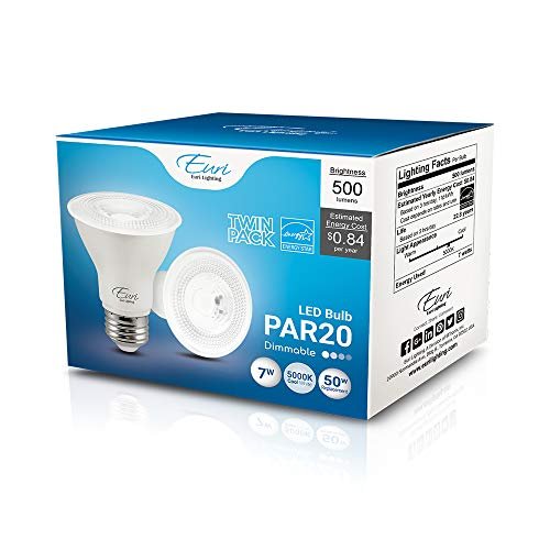 Euri Lighting EP20-7W6050e-2 LED PAR20 Bulb, Cool White Light (5000K), 120V, Dimmable, 7W, 500lm, 40 Degree, Base (E26), 80 CRI (Pack of 2)-LeanLight