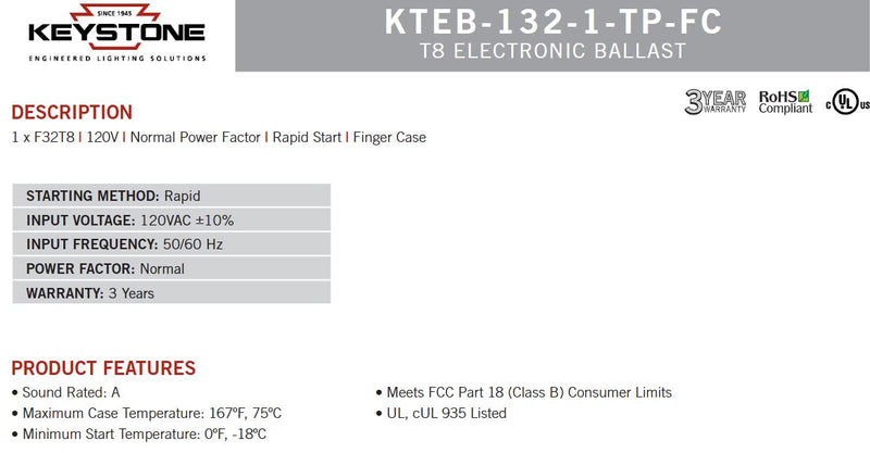 Keystone 1-Lamp 32 Watt T8 Fluorescent Ballast - KTEB-132-1-TP-FC-LeanLight