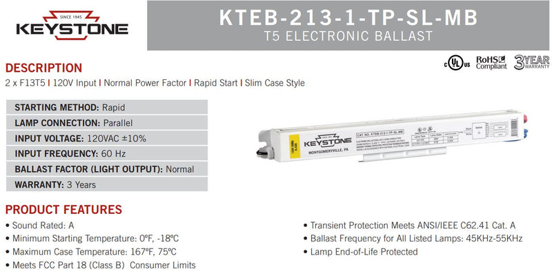 Keystone KTEB-213-1-TP-SL-MB 2-Lamp 13 Watt T5 Fluorescent Ballast-LeanLight