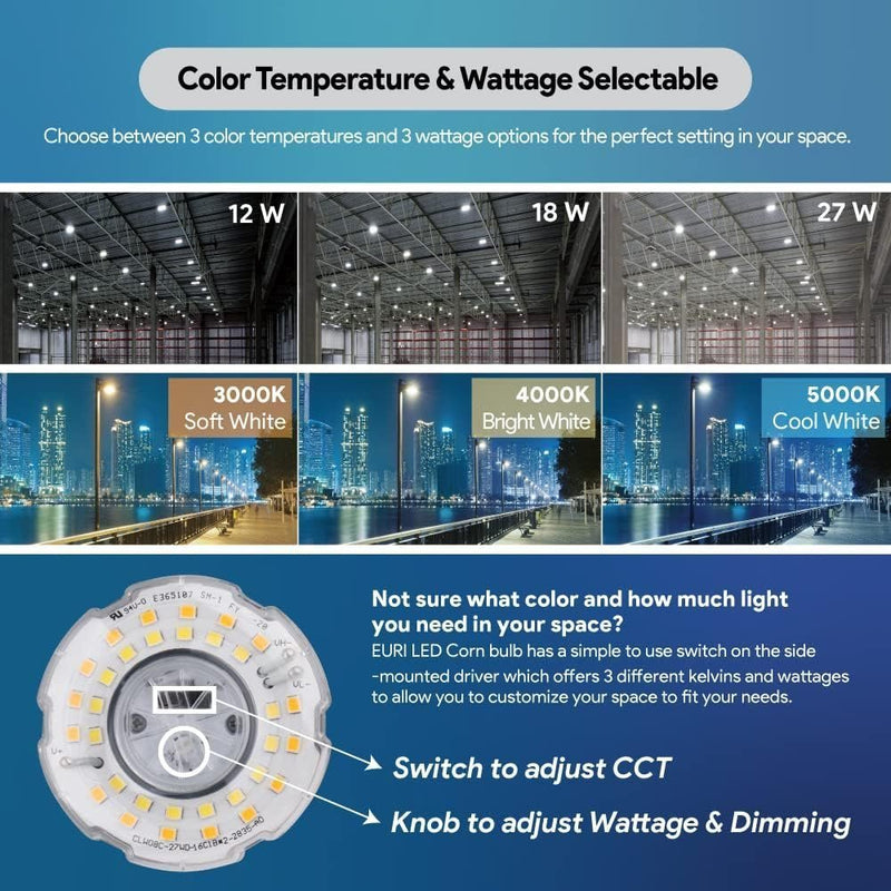 Euri Lighting 27 Watt Color and Wattage Selectable LED Corn Bulb with E26 Base - ECB27W-303sw-LeanLight