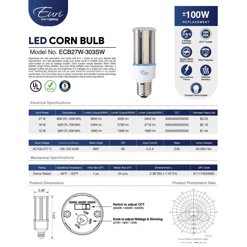 Euri Lighting 27 Watt Color and Wattage Selectable LED Corn Bulb with E26 Base - ECB27W-303sw-LeanLight