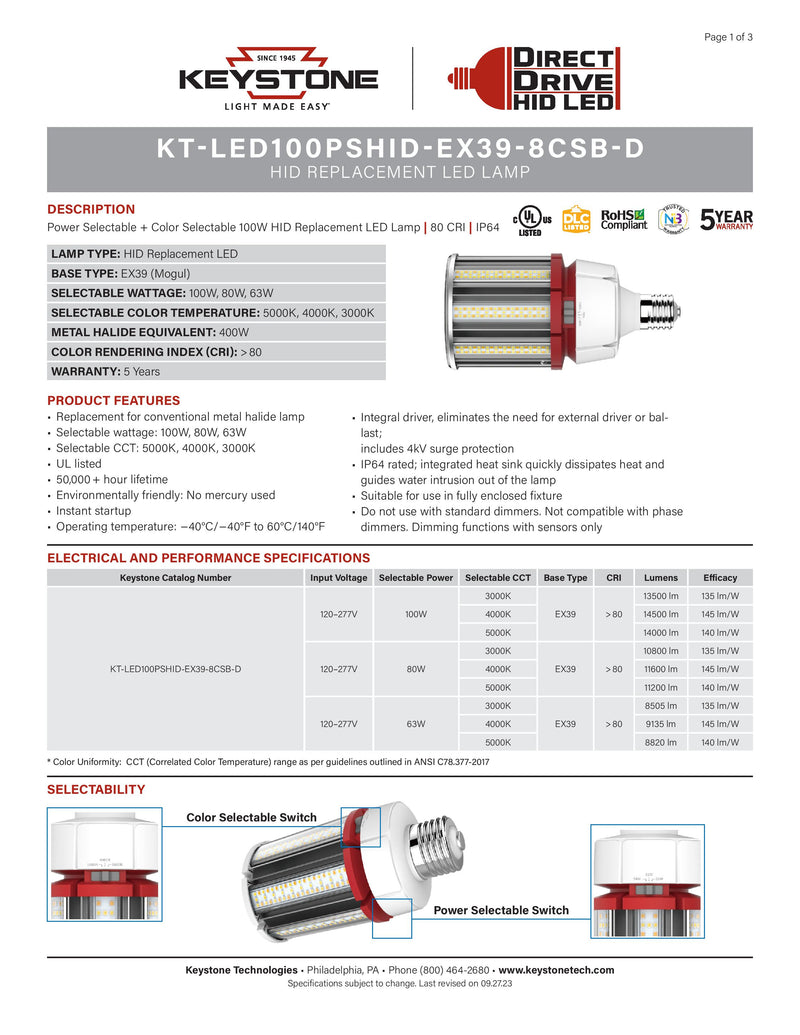 Keystone 100W Dual Select LED Corn Bulb with EX39 Base - KT-LED100PSHID-EX39-8CSB-D-LeanLight