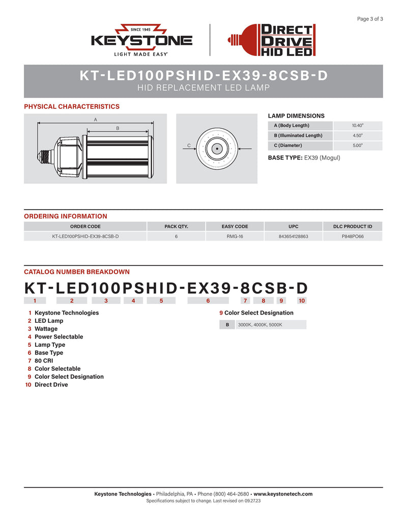 Keystone 100W Dual Select LED Corn Bulb with EX39 Base - KT-LED100PSHID-EX39-8CSB-D-LeanLight
