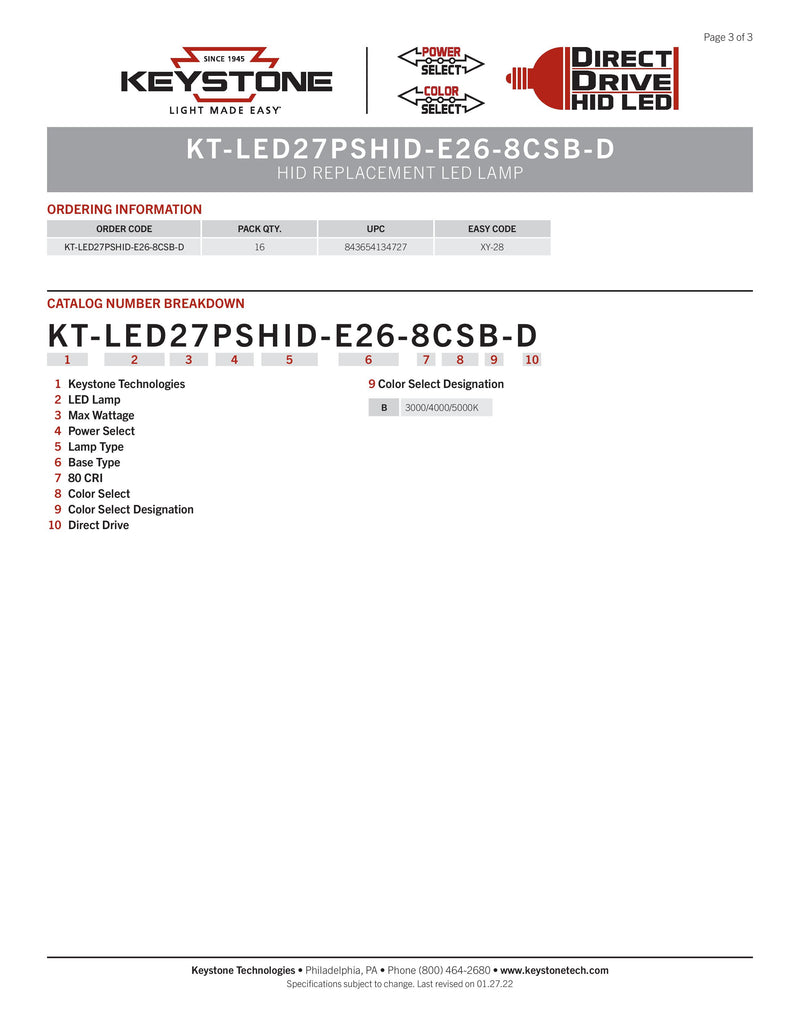 Keystone Selectable 27W LED Corn Bulb -18/22/27W, 30/40/50K, KT-LED27PSHID-E26-8CSB-D-LeanLight