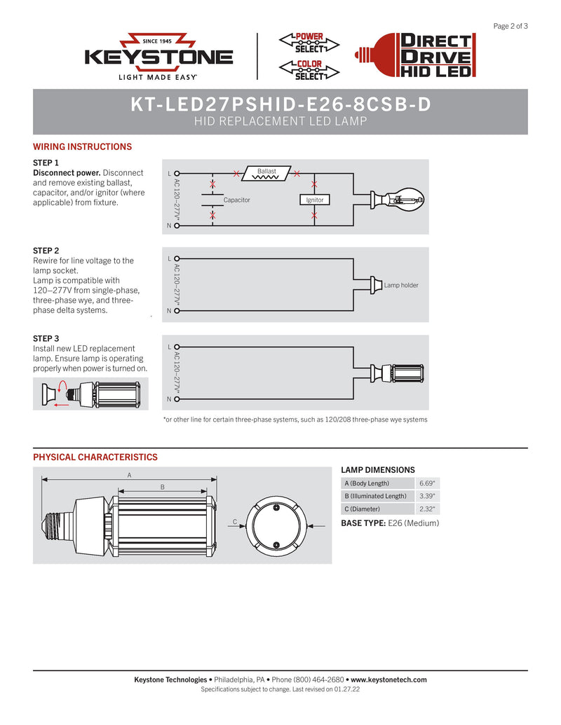 Keystone Selectable 27W LED Corn Bulb -18/22/27W, 30/40/50K, KT-LED27PSHID-E26-8CSB-D-LeanLight