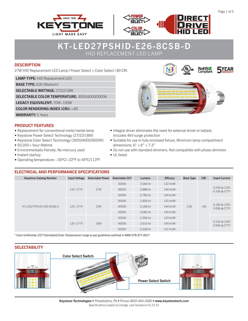 Keystone Selectable 27W LED Corn Bulb -18/22/27W, 30/40/50K, KT-LED27PSHID-E26-8CSB-D-LeanLight