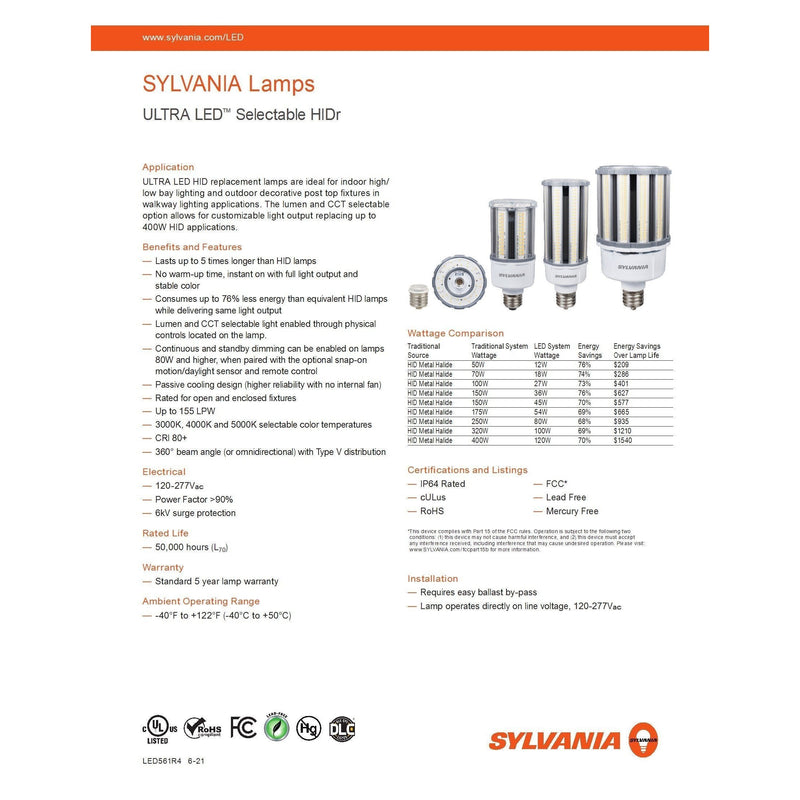 Sylvania LED45HIDR8SC2MOG Color and Lumen Select HID LED Light Bulb with Mogul Base - 41010-LeanLight