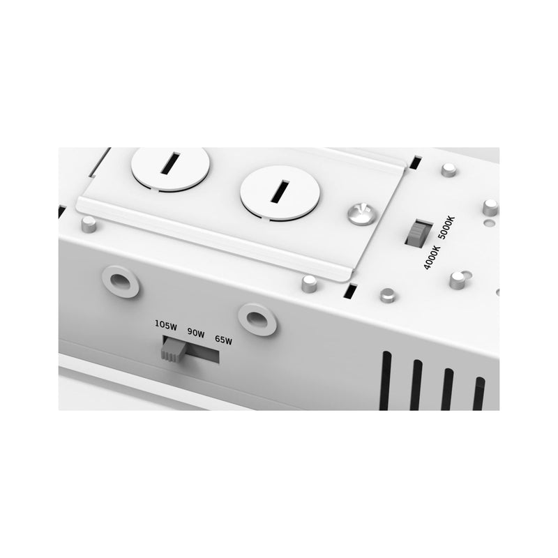 Keystone Xfit Linear LED High Bay, 65/90/105 Watt Selectable, 4000K or 5000K Tunable, 120-277V, V-Hook and Chain Mounting Kit Included, DLC 5.1 Premium, KT-HBLED105PS-2FB-8CSD-VDIM-P-LeanLight