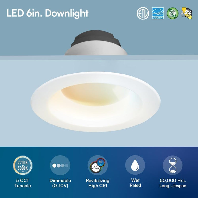 Euri Lighting DLC6C-16W203swej, 6” Commercial Downlight 120-277v, CCT (27/3/35/4/5) & Watt (7/10/16) Tunable, 0-10V DIM, 90+ CRI, Wet Rated, IC-Rated, UL, T24, JA8, Energy Star, 3YR, 50K HR WTY-LeanLight