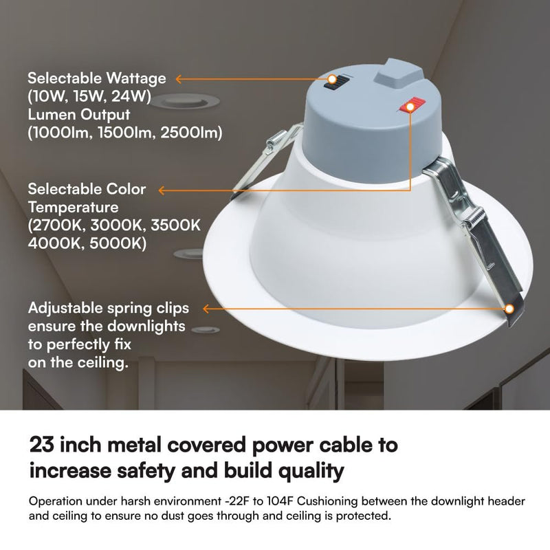Euri Lighting DLC8C-24W203swej, 8” Commercial Downlight 120-277v, CCT (27/3/35/4/5) & Watt (10/15/24) Tunable, 0-10V DIM, 90+ CRI, Wet Rated IC-Rated, UL, T24, JA8, Energy Star, 3YR, 50K HR WTY-LeanLight