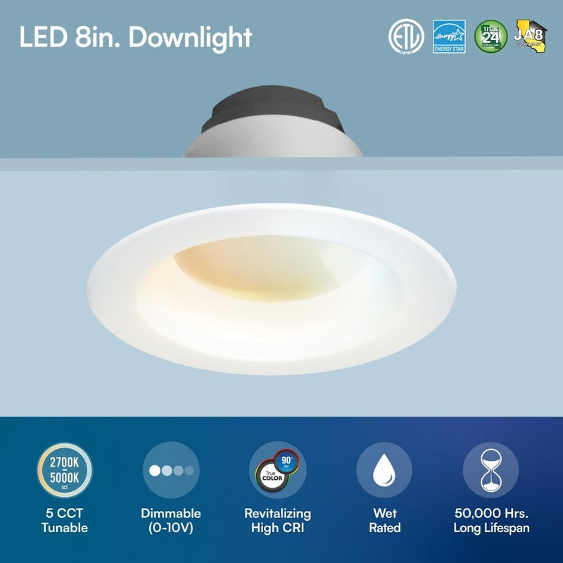 Euri Lighting DLC8C-24W203swej, 8” Commercial Downlight 120-277v, CCT (27/3/35/4/5) & Watt (10/15/24) Tunable, 0-10V DIM, 90+ CRI, Wet Rated IC-Rated, UL, T24, JA8, Energy Star, 3YR, 50K HR WTY-LeanLight