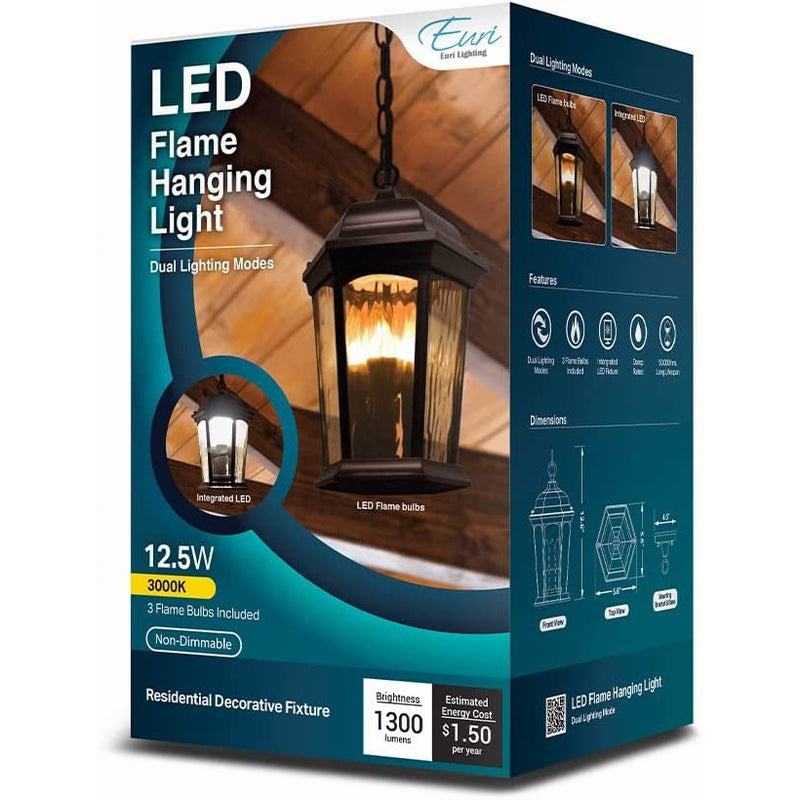 Euri Lighting EHL-130W-MD, Flickering Flame Hanging Lantern with Security Light (3000K)-LeanLight