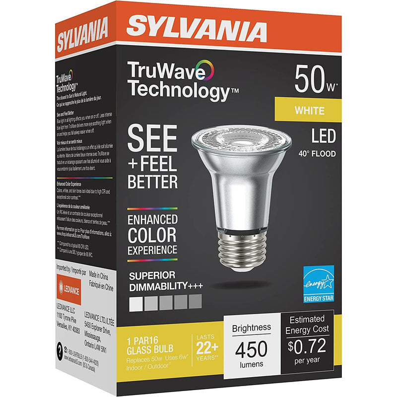 Sylvania LED TruWave Natural Series PAR16 Light Bulb, 50W Equivalent Efficient 6W, Medium Base, Dimmable, 3000K, White - 1 Pack (40930)-LeanLight
