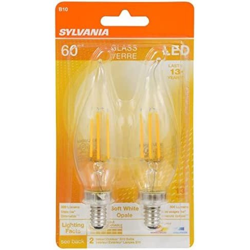 SYLVANIA B10 LED Light Bulb, 60W Equivalent Efficient 5W, 13 Year, Bent Tip, Candelabra Base, 500 Lumens, 2700K, Soft White, Clear - 2 Pack (79766)-LeanLight
