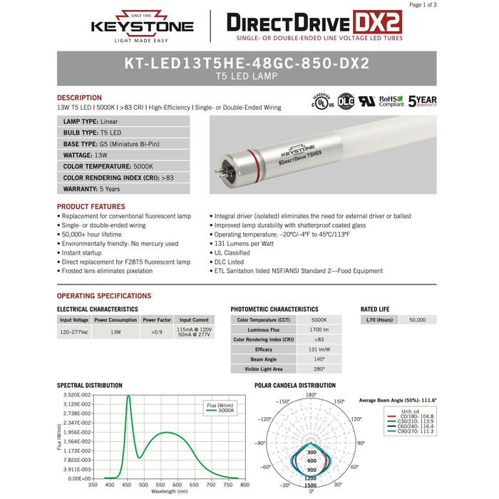 Keystone KT-LED13T5HE-48GC-850-DX2 (25 Pack) Line Voltage T5HE LED Tubes - 5000K, 15W, 120/277V, 4'-LeanLight