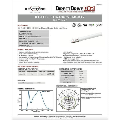 Keystone KT-LED15T8-48GC-840-DX2 (25 pack) Ballast Bypass LED Tubes 