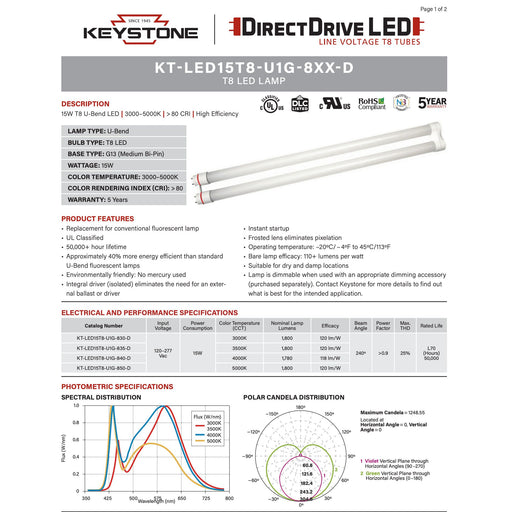 Keystone KT-LED15T8-U1G-850-D (25 Pack) Direct Drive U-Bend LED Tubes - 5000K, 15W, 120/277V, 4'-LeanLight