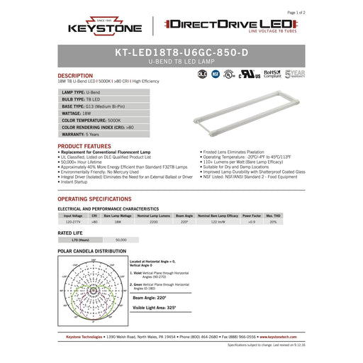 Keystone KT-LED18T8-U6GC-850-D (12 Pack) Direct Drive T8 LED U-Bend Lamps - 18W, 120/277V, 2'-LeanLight