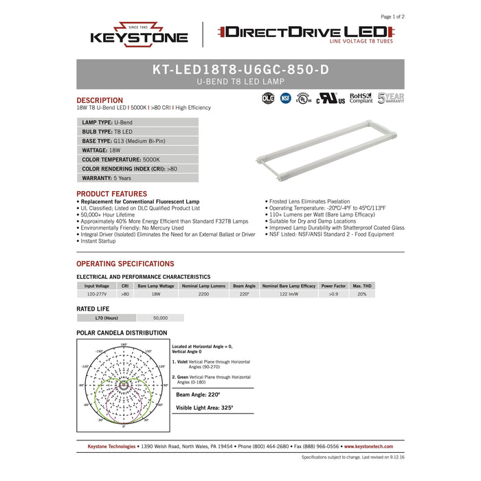 Keystone KT-LED18T8-U6GC-850-D (12 Pack) Direct Drive T8 LED U-Bend Lamps - 18W, 120/277V, 2' - LeanLight