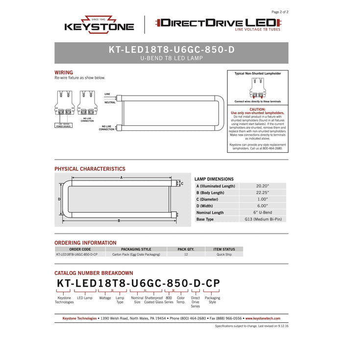 Keystone KT-LED18T8-U6GC-850-D (12 Pack) Direct Drive T8 LED U-Bend Lamps - 18W, 120/277V, 2' -  LeanLight