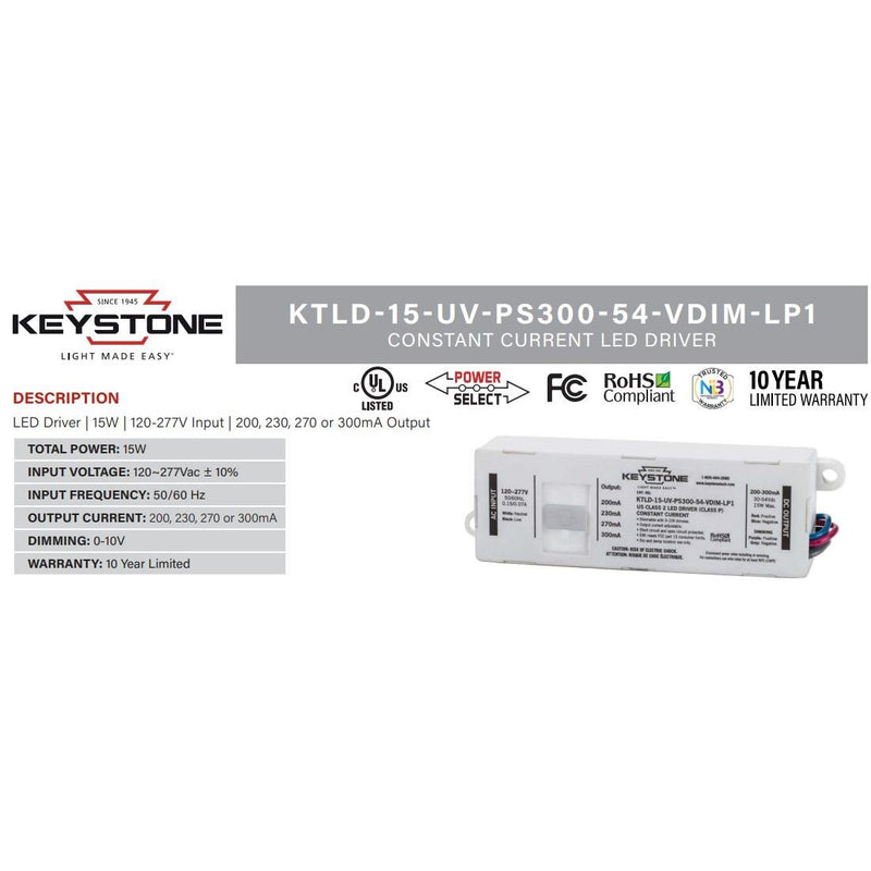 Keystone KTLD-15-UV-PS300-54-VDIM-LP1 Power Select 15W LED Driver - 200-300mA, 120/277V-LeanLight